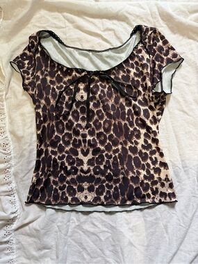 Leopard Print Scoop Neck Women's Top - Brown